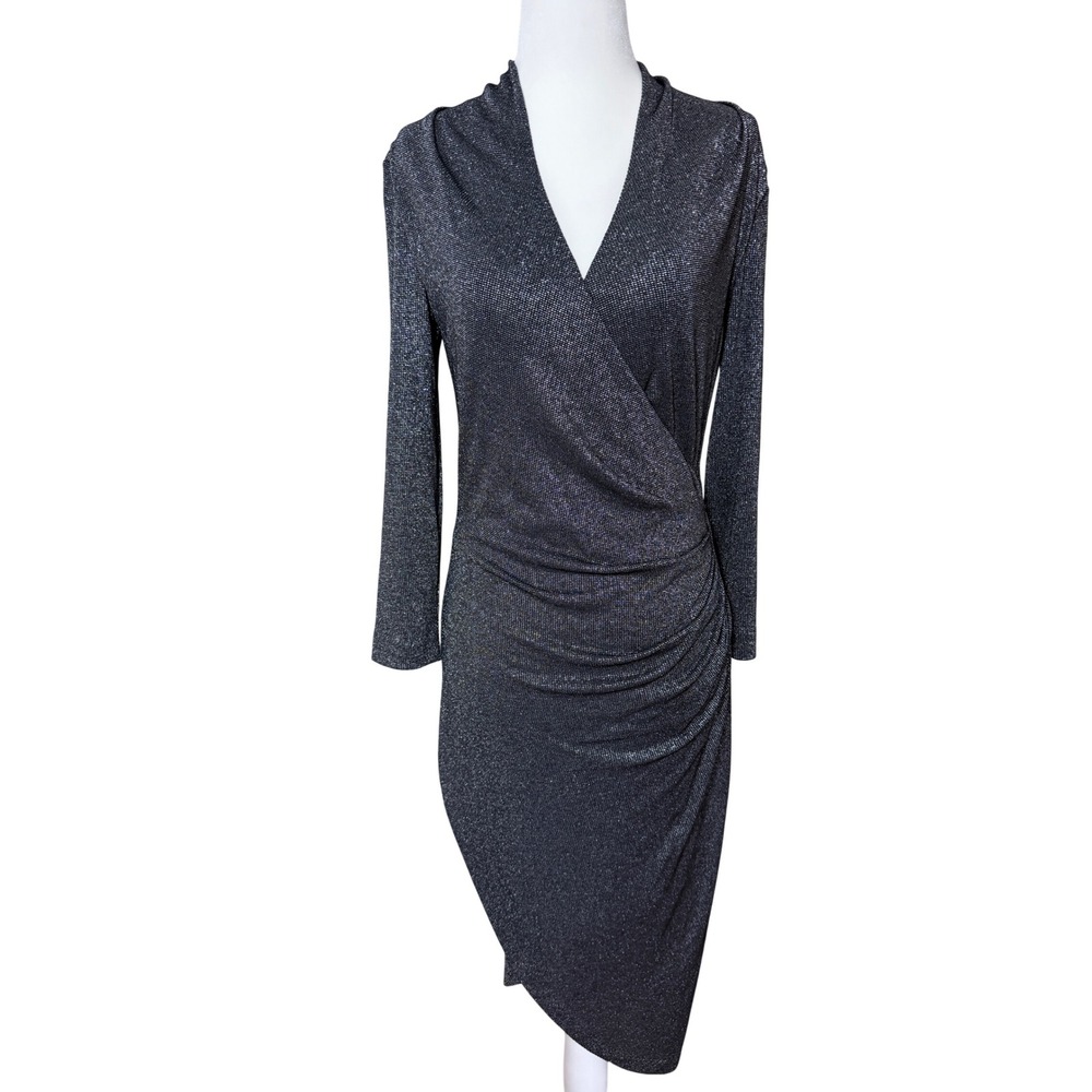 Nicole Miller Collection Silver Metallic Wrap Ruched Midi Dress BK10226 Size M